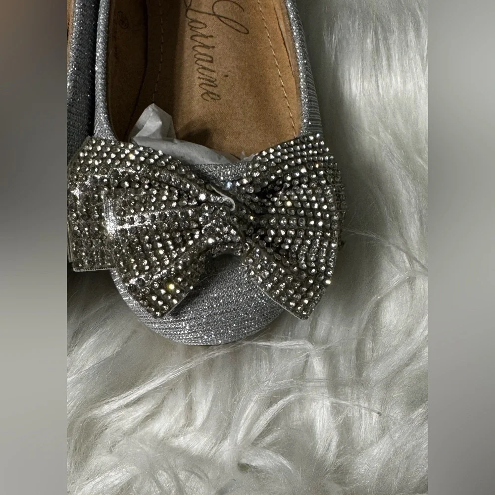 Lauren Lorraine Sparkling Silver Girls Flats with Bow Size 9.5 Holiday Shoes,NIB